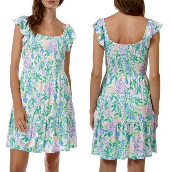 Lilly Pulitzer white multicolor floral smocked short dress Just A Pinch Jilly M - Picture 3 of 9